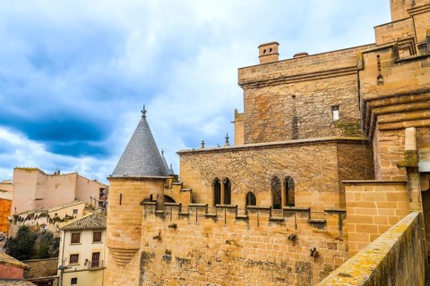 Majestic royal palace of olite rising above the town, showcasing its impressive towers, fortified