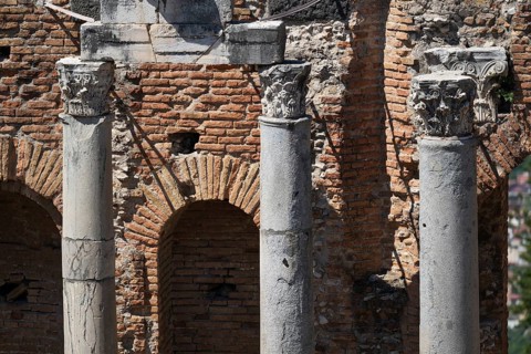 View of columns of the ancient theatre, Taormina, Sicily, Italy