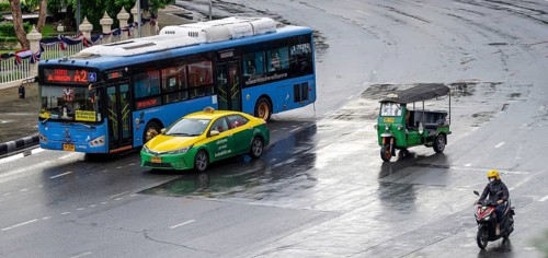 Road transport bus, taxi, tuk tuk, motorcycle scooter, Bangkok, Thailand