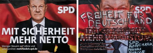 Comparison of two large posters for the 2025 federal election by the SPD with Olaf Scholz, Witten,