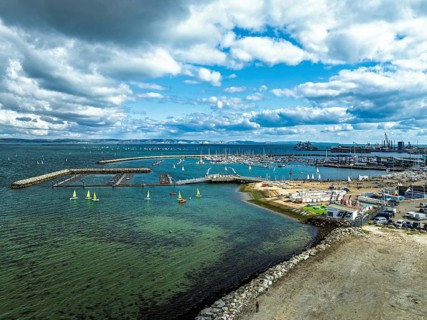 Sailboats on Portland Branch RNSA Moorings from a drone, Portland Harbour and Marina, Portland,