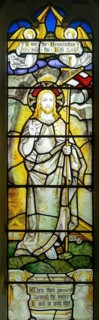 Detail of stained glass window Resurrection by Burlison & Grylls c 1880, Kelsale church, Suffolk,
