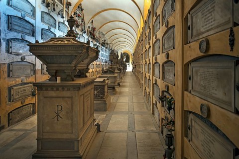 Covered tombs at the Monumental Cemetery, Cimitero monumentale di Staglieno), Genoa, Italy