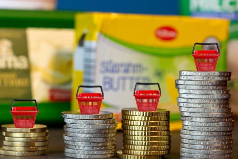 Symbolic image of inflation: pile of euro coins, dairy products from the supermarket in the