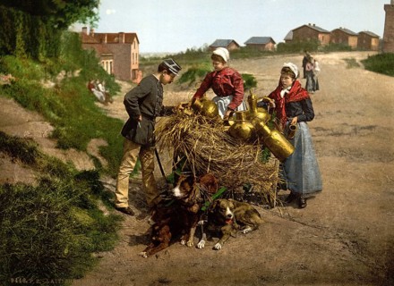 Milk seller with a cart pulled by dogs, bar, Brussels, Belgium, ca 1895, Historical, digitally