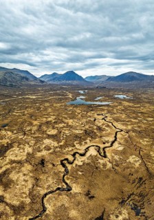 Panorama of Rannoch Moor from a drone over Loch Ba and Loch of the Armpit, A82 Highland Way, Argyll