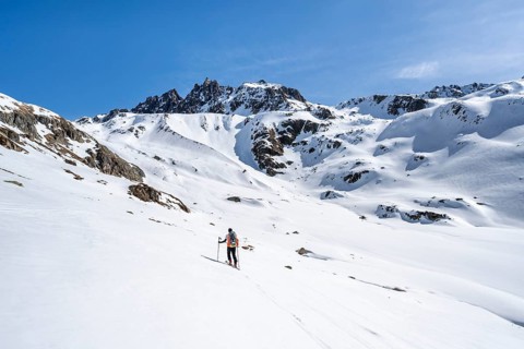 Ski tourer in mountain landscape with snow, ascent to Grialetsch Scharte, Bündner Haute Route,