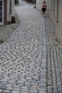 Street paved with basalt stones in the old town centre, Kulmbach, Upper Franconia, Bavaria, Germany