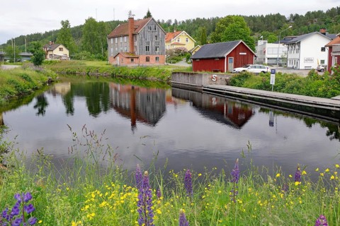 Small village with colorful houses on a canal. Summer atmosphere and green shores, Bengtfors,