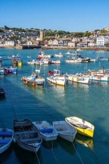 View of St Ives with the harbour, sea and boats. In the morning. St Ives, Cornwall, England, Great