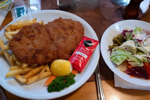 Wiener schnitzel with French fries and salad, served in a tavern, Franconia, Bavaria, Germany