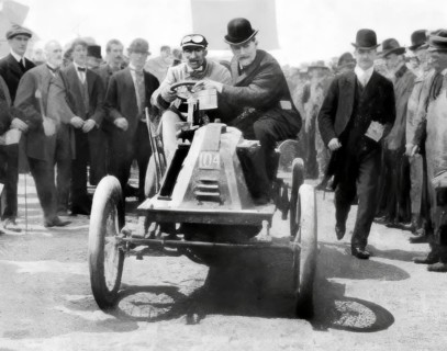 Louis Renault in his Voiturette racing car at the Paris-Berlin race in 1901, digitally edited based