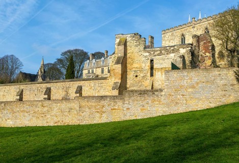 Walls of medieval Bishops' Palace from Temple Gardens park, city of Lincoln, Lincolnshire, England,
