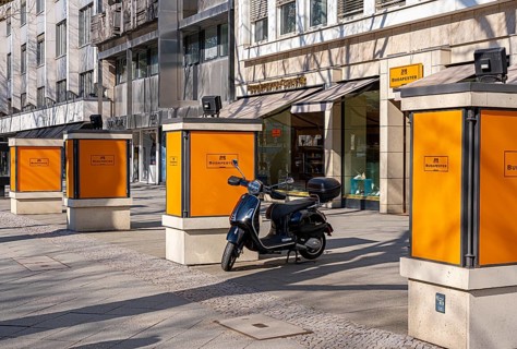 The typical and partly historic display cases for advertising along Boulevard Kurfürstendamm,