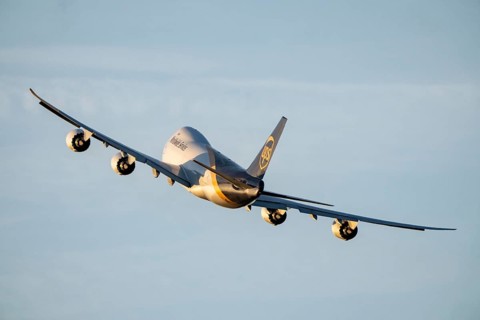 UPS cargo plane, Boeing 747-8F, jumbo jet, taking off from Cologne-Bonn Airport, CGN, North