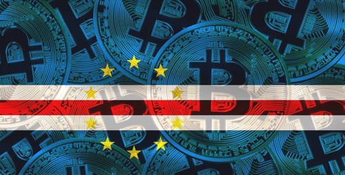 Cape Verdean flag with Bitcoin in the background. Bitcoin cryptocurrency with Cape Verde flag,