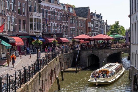 The old town centre of Utrecht, Oudegracht, around 2 km long with many old houses, shops,