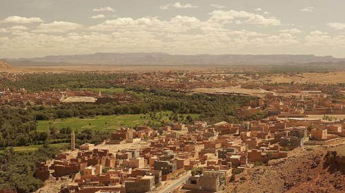 Extensive green oasis, landscape with settlements, several clay villages in a desert region with