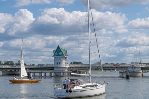 Sailors wait for the Schleibrücke to open, city of Kappeln an der Schlei, fjord, Baltic Sea Fjord,