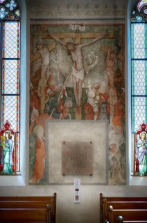 Interior photo, gothic fresco, wall painting, crucifixion of Jesus, Lutheran City Church of St.