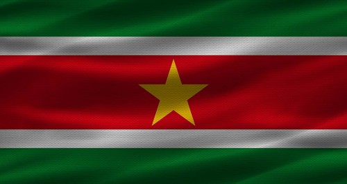 Surinamese flag with fabric texture. Realistic flag of Suriname waving