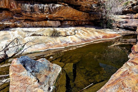 Clear water in a rocky hollow reflecting surrounding trees and sky, the thornshrub savanna in the