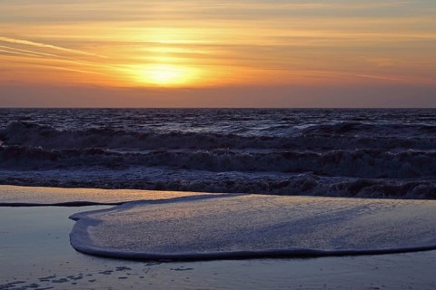Sunset on the beach, waves, water, sea, sandy beach, surf, sunset, priel, Wadden Sea, Nationaal
