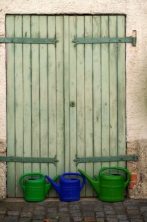 Watering cans stand in front of green gate, Altstadt, Besigheim an der Enz, Baden-Württemberg,