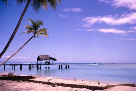 Beautiful sandy beach, calm blue tropical sea, with palm trees and palm thatched shelter on wooden