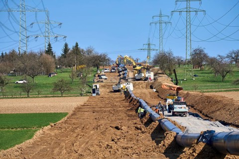 Large pipeline construction site for future gas and hydrogen energy supply across agricultural