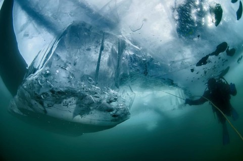 Scuba diver underwater, Lake Baikal, Olkhon Island, Pribaikalsky National Park, Irkutsk Province,