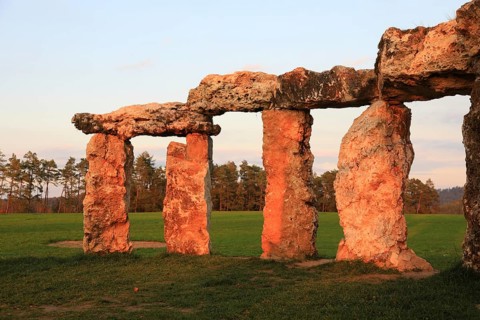 The Franconian Stonehenge in the evening light, permanent art installation made of boulders found