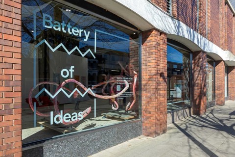 First Light Festival CIC, The Battery of Ideas project 2024, information in shop window, Lowestoft,