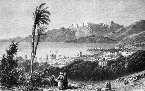 Bird's eye view over Beirut on the Mediterranean, cityscape, surrounding mountain landscape,