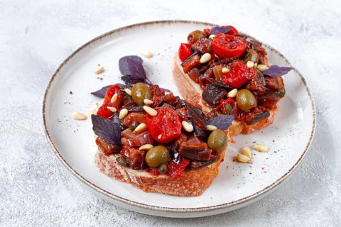 Sandwiches with Sicilian caponata, vegetable stew, Italian cuisine, homemade, no people