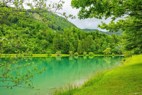 Landscape of Lake Elisabethsee on a rainy day in spring, Austria