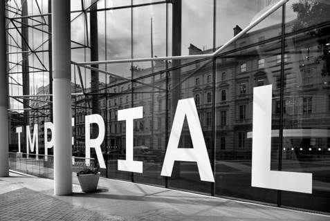 IMPERIAL College, University and Technical College lettering, Victorian houses reflected in the