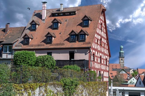 Historic Franconian half-timbered house, St. John's Church in the back, Lauf an der Pegnitz, Middle