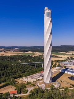 TK Elevator test tower Rottweil in Baden-Württemberg. 246 meter high elevator test tower for
