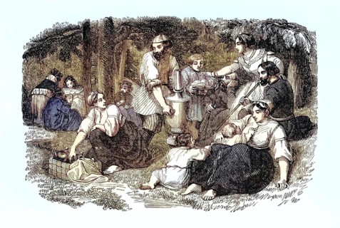 Illustration from the 19th century depicts a traditional Russian picnic of the middle classes. At