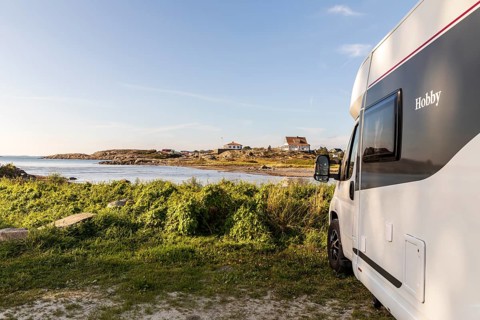 Mobile home with a view of the west coast sea and archipelago, North Sea near Lerkil, Hallands län,