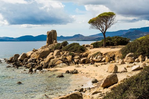 Picturesque beach with rocks, Spiaggia di Perda S'Acchiloni, Capo Ferrato, Muravera, Province of