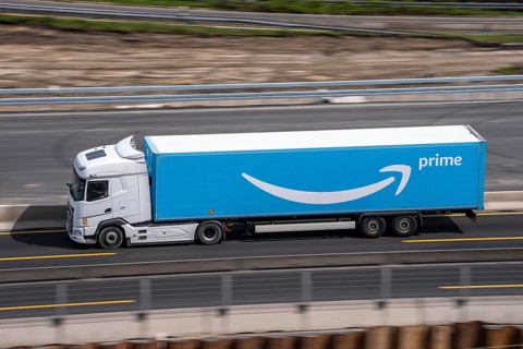 Freight truck from the online department store Amazon Prime, on the highway