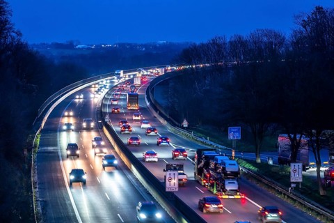 Evening traffic on the A52 motorway, between Düsseldorf and Essen, at the Ruhr Valley Bridge,