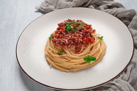 Spaghetti Bolognese, top view, close-up, no people, homemade