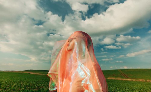 A serene portrait of a woman shrouded in a luminous, colorful veil, set against a sunny field and a