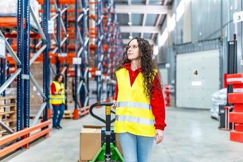 Young caucasian woman worker pushing trolley full of boxes walking along a distribution warehouse