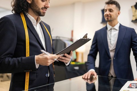 A tailor is taking measurements for a custom suit, using a yellow measuring tape and clipboard in a