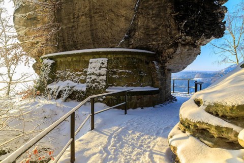 Winter magic at the Bastei, access to the Tiedge Aussicht, Saxon Switzerland, Saxony, Germany