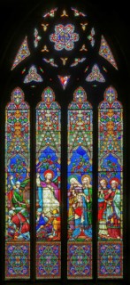 Stained glass window Three Maries at the Tomb by William Wailes 1861, Christ Church, Swindon,